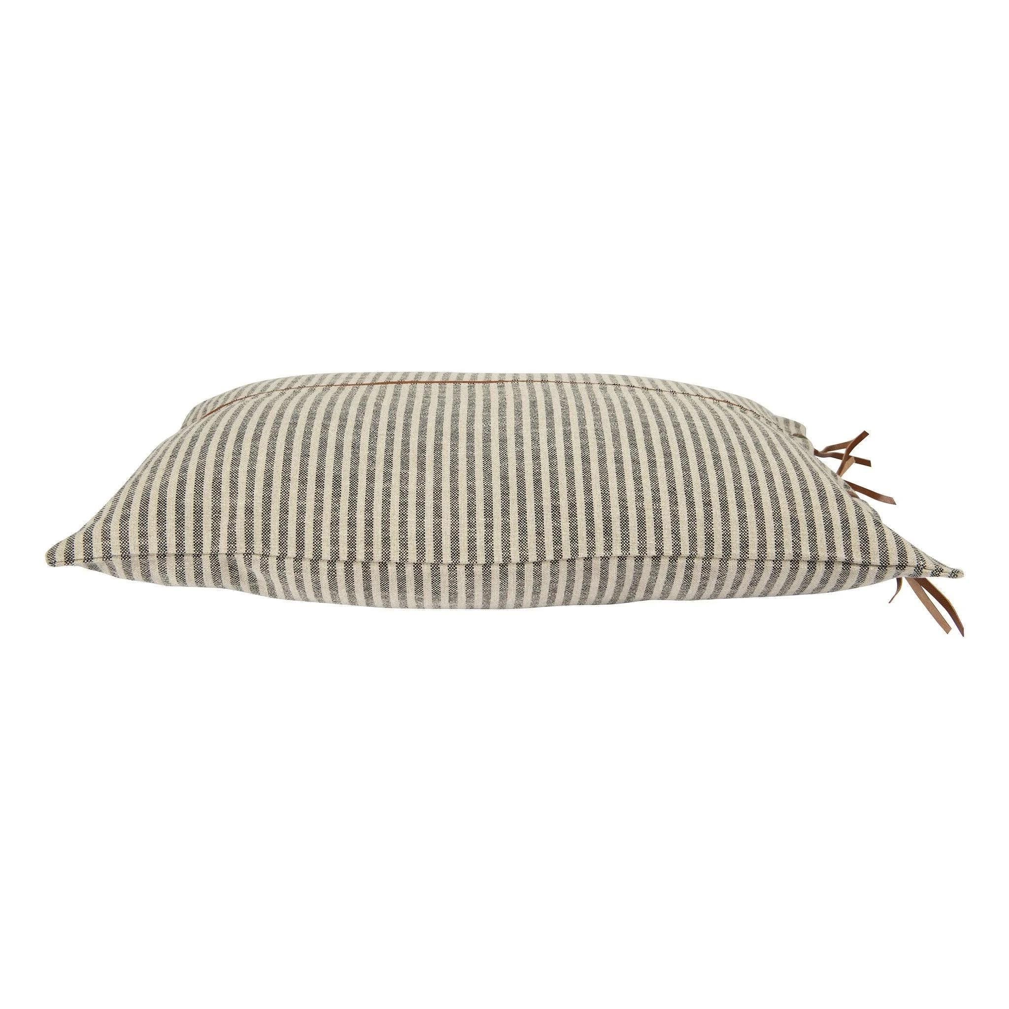 Beige & Black Striped Cotton Ticking Lumbar Pillow with Leather Trim - Image 3