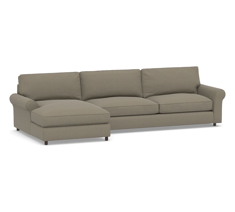 PB Comfort Roll Arm Upholstered Right Arm Sofa with Wide Chaise Sectional, Box Edge Down Blend Wrapped Cushions, Chenille Basketweave Taupe - Image 0