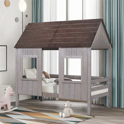 Twin Size Low Loft Wood House Bed White - Image 0