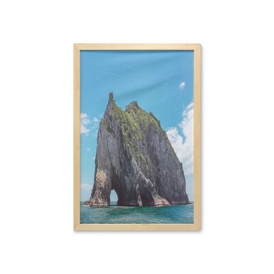 Ambesonne Beach Wall Art With Frame, Famous Shape Rock With The Grand Hole In Bay Of Islands Nz Cavern Peaceful, Printed Fabric Poster For Bathroom Living Room Dorms, 23" X 35", Blue Grey - Image 0