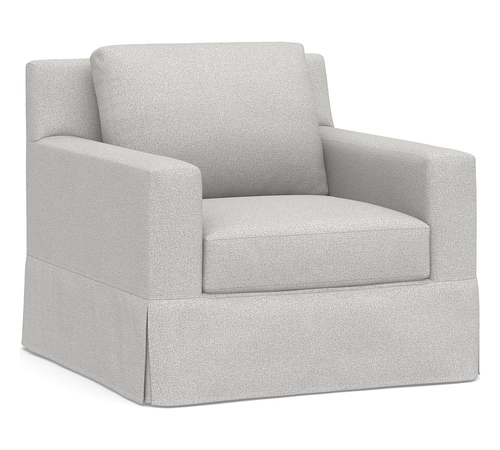 York Square Arm Slipcovered Swivel Armchair, Down Blend Wrapped Cushions, Park Weave Ash - Image 0
