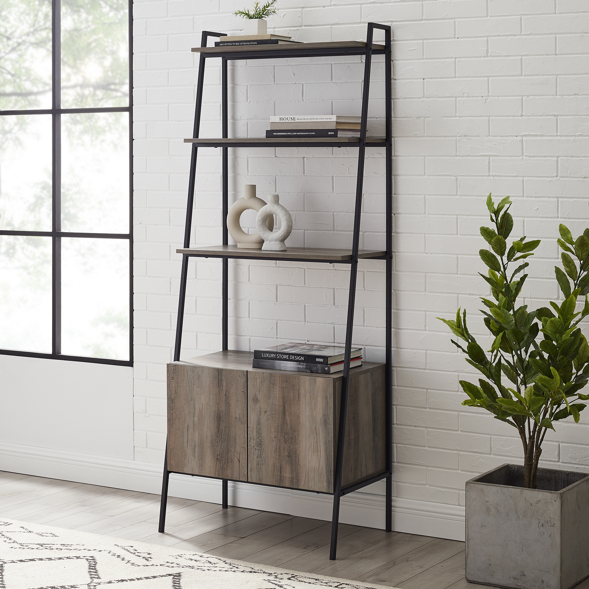 Arlo 72" Industrial Modern Ladder Shelf with Cabinet - Grey Wash - Image 5