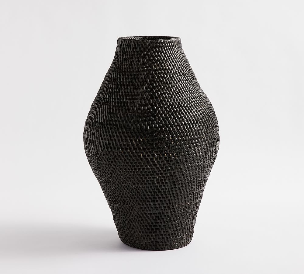 Woven Rattan Vases, Tall, Black - Image 0