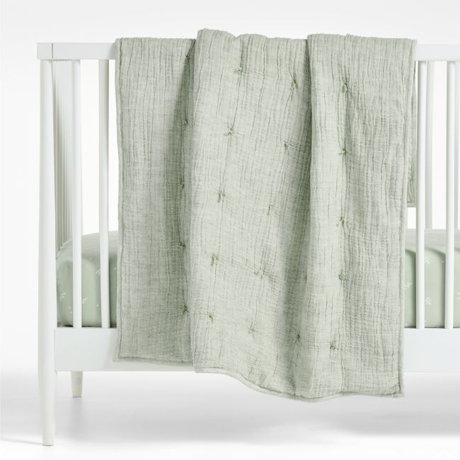 Aire Muted Teal Crinkle Hand-Quilted Organic Cotton Baby Crib Quilt - Image 0