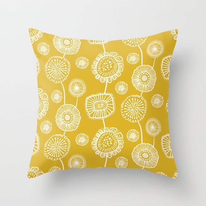 Doodle Floral In Yellow Throw Pillow by House Of Haha - Cover (20" x 20") With Pillow Insert - Indoor Pillow - Image 0