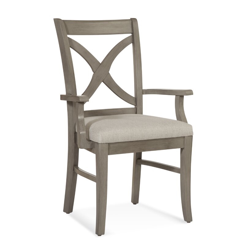 Braxton Culler Hues Upholstered Dining Armchair Upholstery Color: Gray and Beige Stripe; 0216-53, Frame Color: Driftwood - Image 0