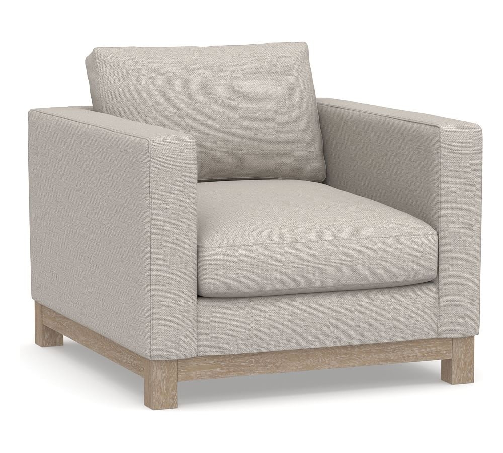 Jake Upholstered Armchair with Wood Legs, Polyester Wrapped Cushions, Chunky Basketweave Stone - Image 0