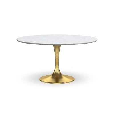 Tulip Pedestal Dining Table, 56 Round, Antique Brass Base, Carrara Marble Top - Image 1