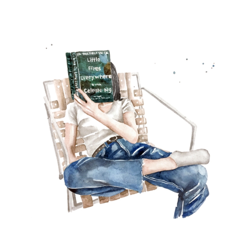 Woman Reading Book New York Times Bestseller Little Fires Everywhere by Celeste Ng, Print, 16" x 16" - Image 1