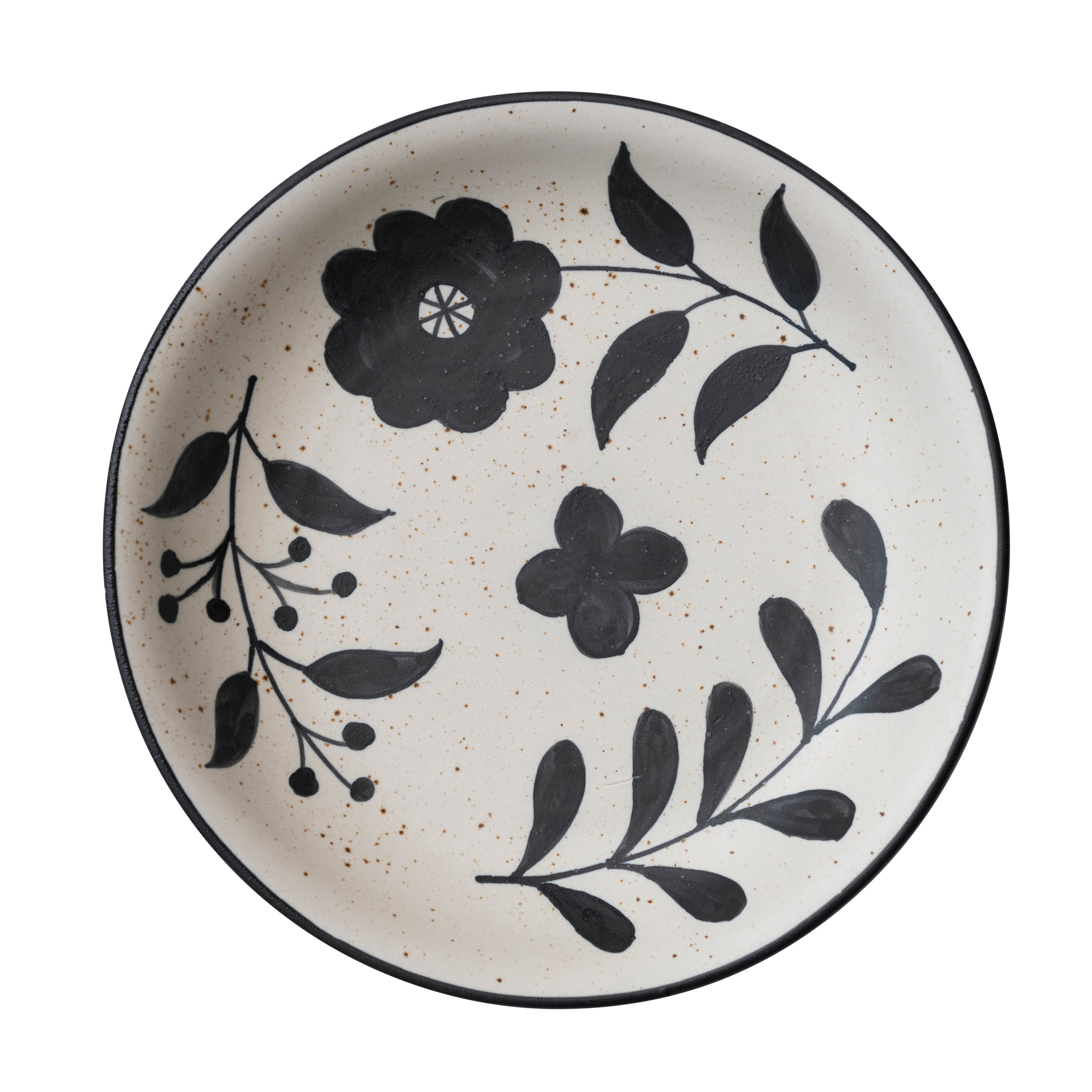 Hand Painted Stoneware Bowl with Floral Design, Black and White - Image 0