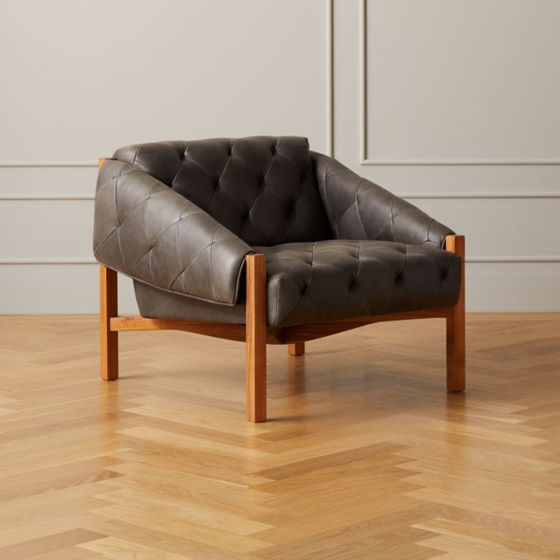 Abruzzo Black Leather Tufted Chair with Brown Legs - Image 1