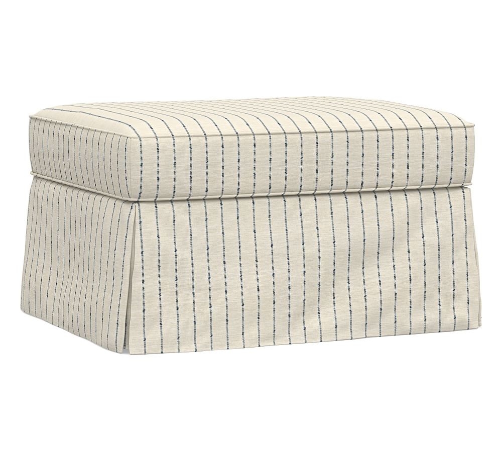 PB English Slipcovered Storage Ottoman, Polyester Wrapped Cushions, Slubby Pinstripe Blue - Image 0