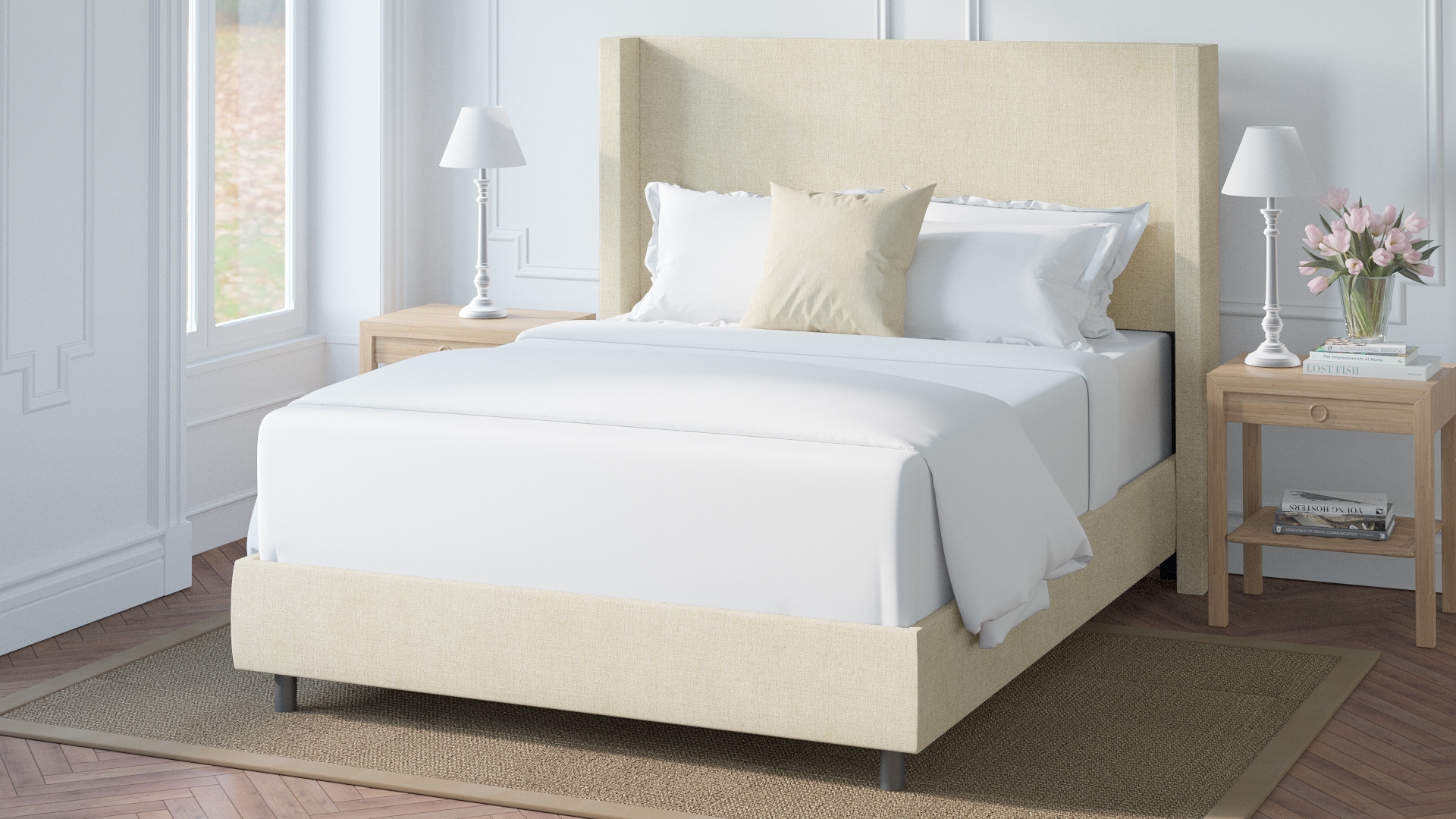 Modern Wingback Bed, Talc Everyday Linen, Queen - Image 3