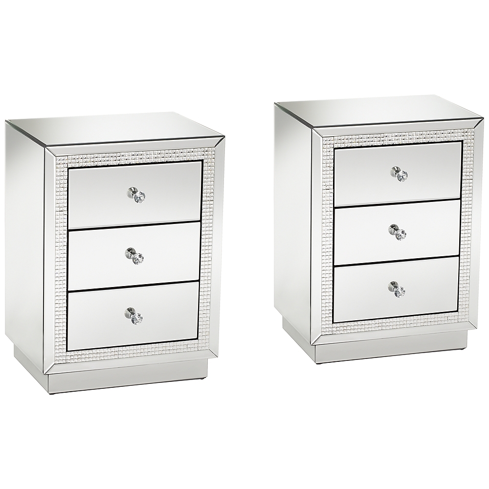 Karina 19" Wide 3-Drawer Beaded Mirrored Side Tables Set of 2 - Image 0
