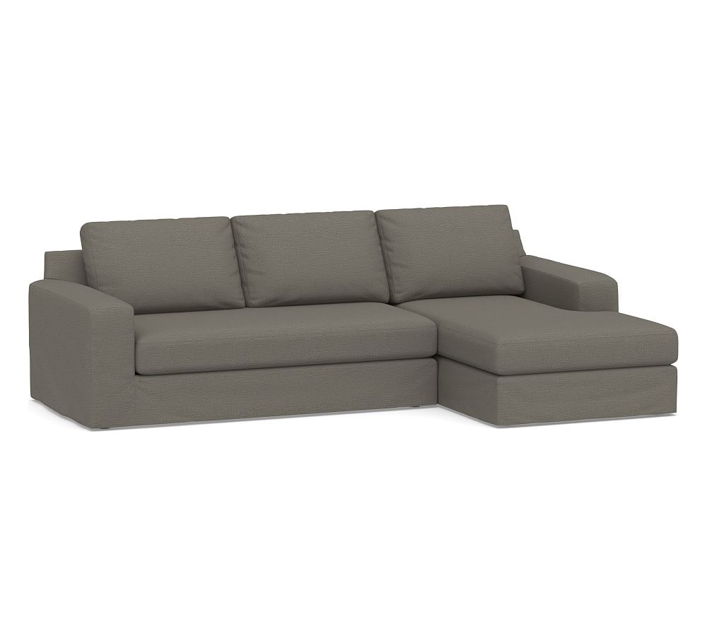 Big Sur Square Arm Slipcovered Left Arm Loveseat with Chaise Sectional and Bench Cushion, Down Blend Wrapped Cushions, Chunky Basketweave Metal - Image 0
