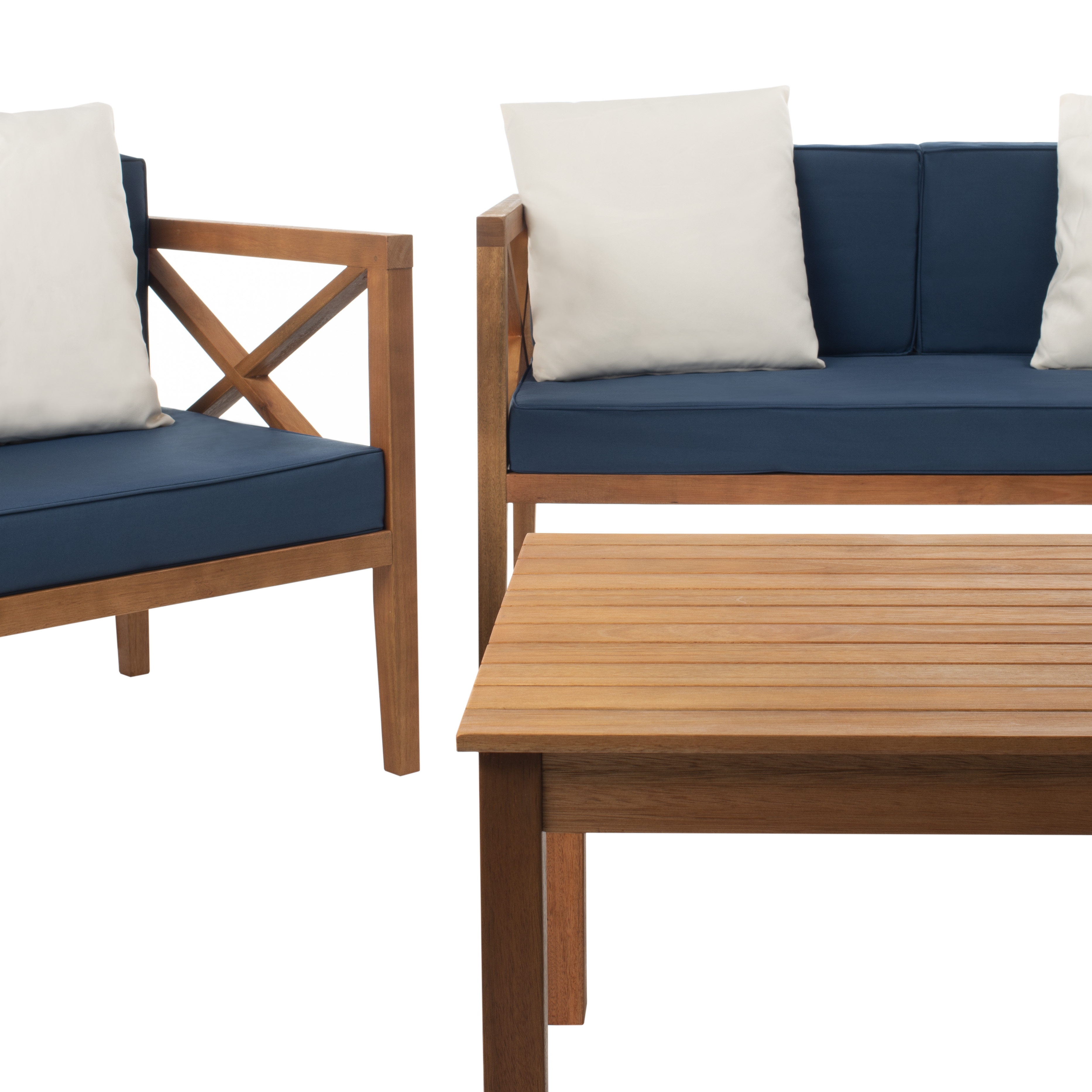 Nunzio 4 Piece Outdoor Set With Accent Pillows - Natural/Navy - Safavieh - Image 1