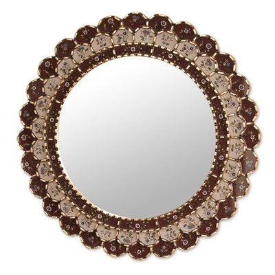 NOVICA Wine And Blossoms Dark Red Floral Reverse Painted Glass Wood Frame Round Wall Mounted Mirror - Image 0