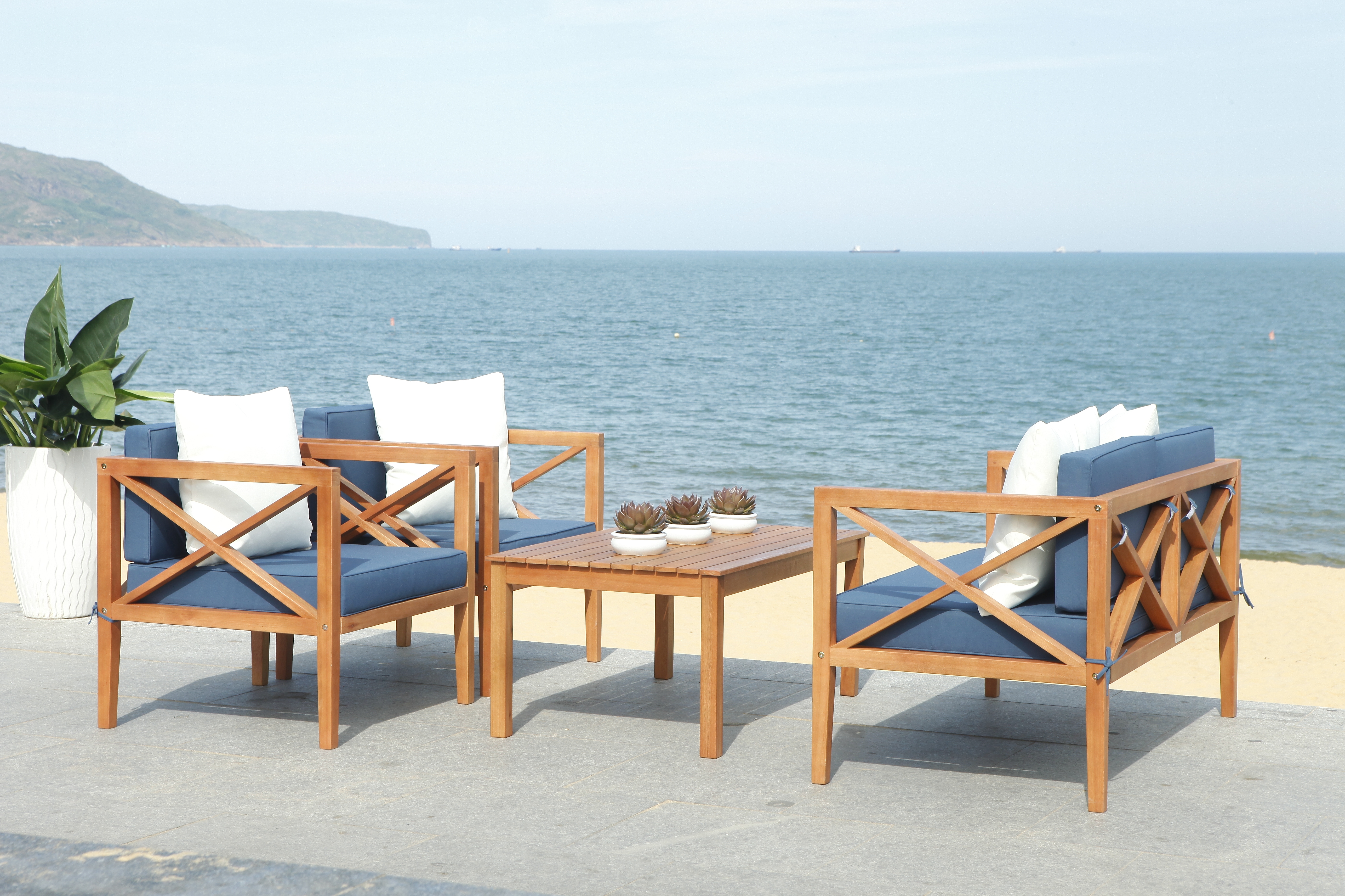 Nunzio 4 Piece Outdoor Set With Accent Pillows - Natural/Navy - Safavieh - Image 6