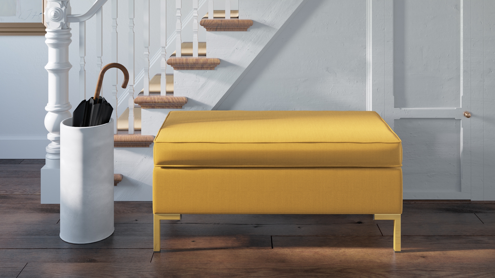 Modern Bench, French Yellow Everyday Linen, Brass - Image 4