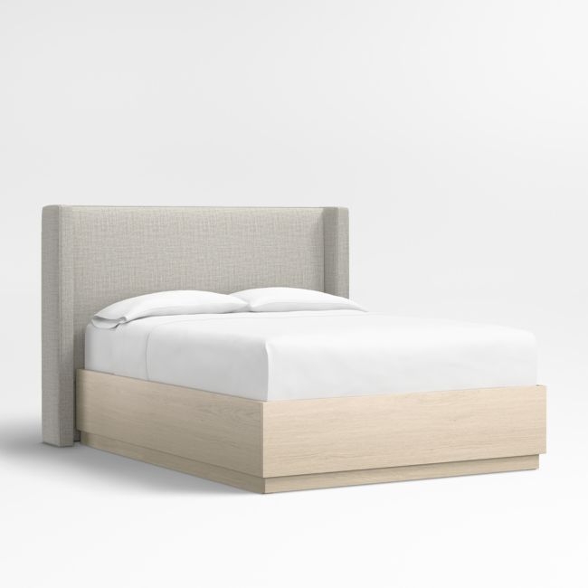 Arden 52" Mist Grey Upholstered Queen Headboard with Batten White Oak Storage Bed Base - Image 0