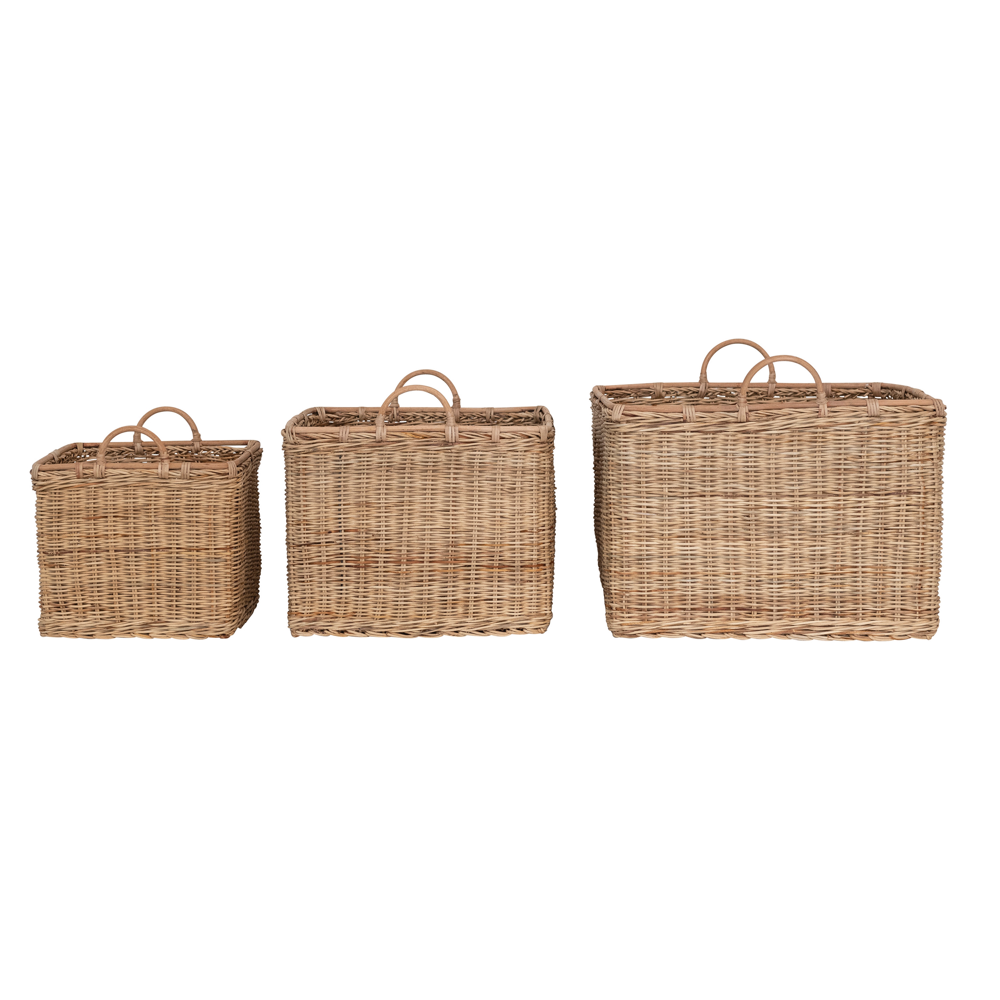 Various Square Rattan Baskets with Handles, Natural, Set of 3 - Image 0