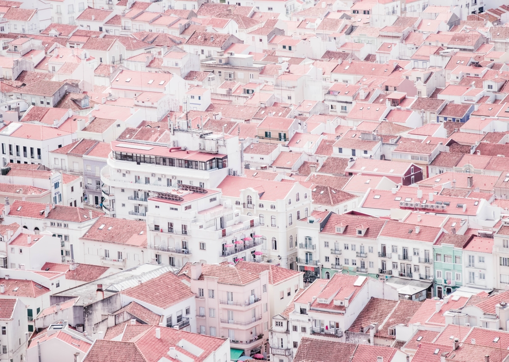 Rooftops - Aerial View - Pastel - Portugal Travel Photography Throw Pillow by Ingrid Beddoes Photography - Cover (16" x 16") With Pillow Insert - Outdoor Pillow - Image 1