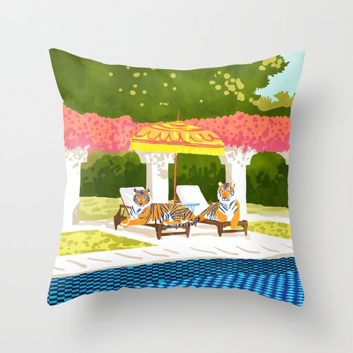 Tiger Vacay, Luxury Villa Wildlife Quirky Exotic Tropical Architecture Wild Travel Illustration Throw Pillow by 83 Oranges Modern Bohemian Prints - Cover (20" x 20") With Pillow Insert - Indoor Pillow - Image 0