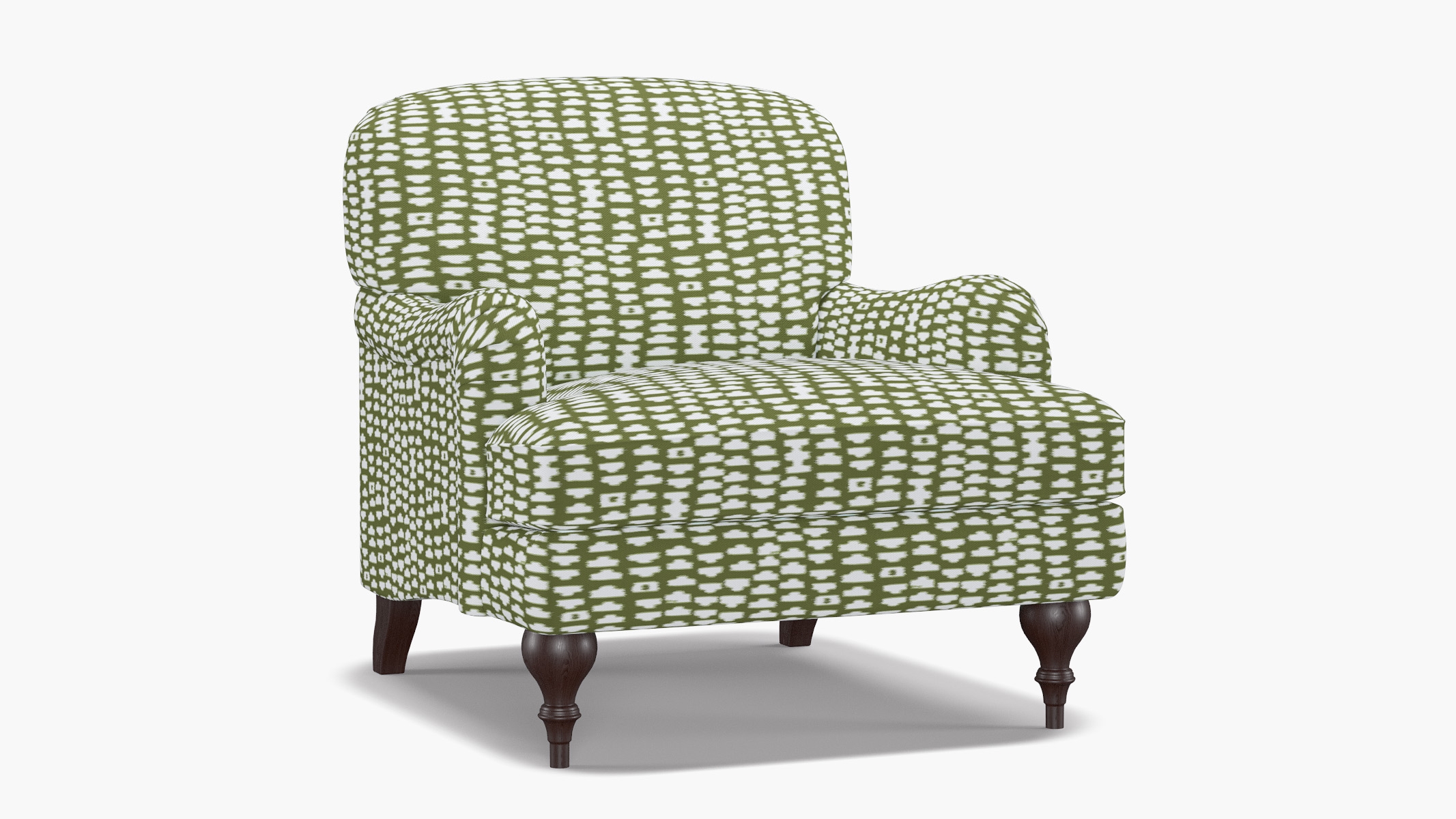 English Roll Arm Chair, Olive Odalisque, Espresso Turned Wood Leg - Image 1