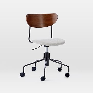 Modern Petal Wood & Upholstered Office Chair, Performance Coastal Linen, Pebble Stone, Dark Bronze - Image 1