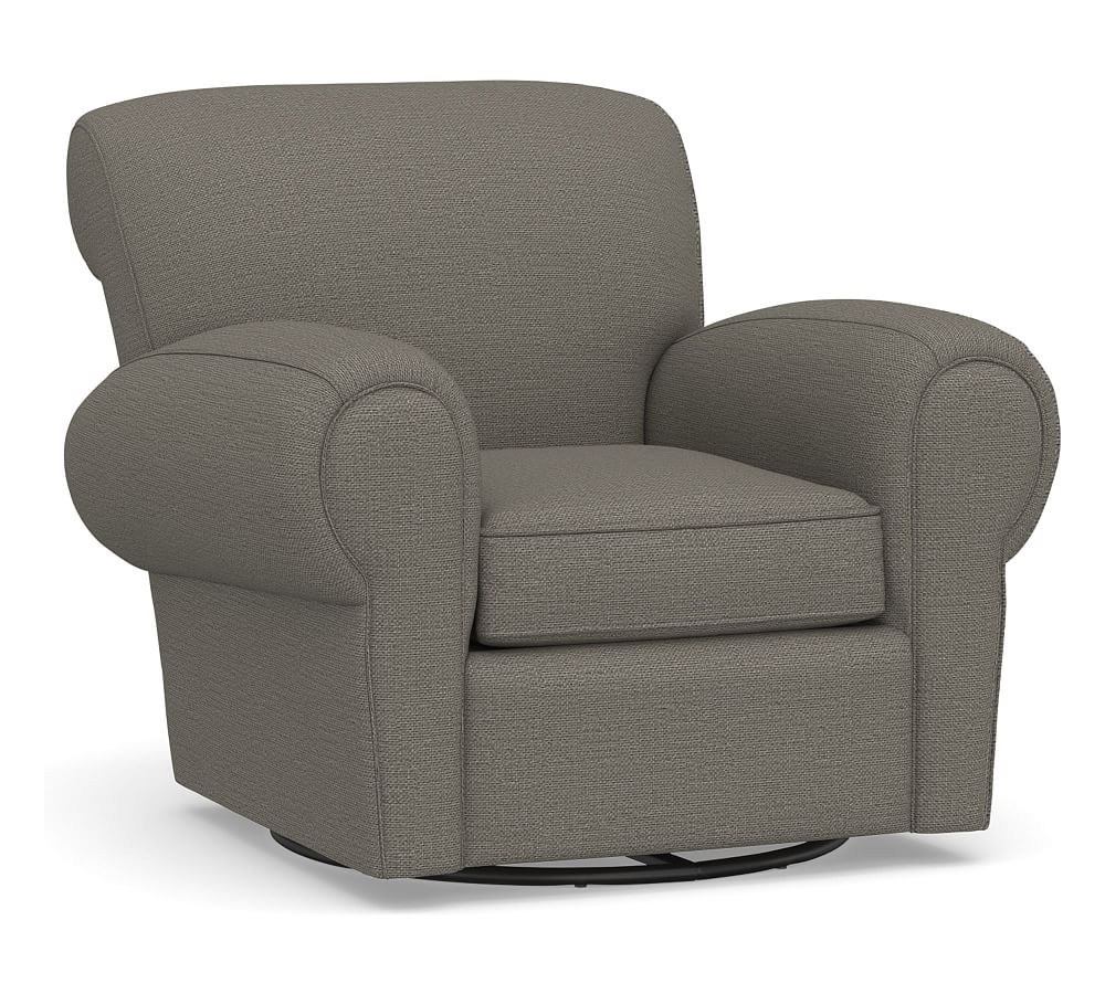 Manhattan Roll Arm Upholstered Swivel Armchair, Polyester Wrapped Cushions, Chunky Basketweave Metal - Image 0
