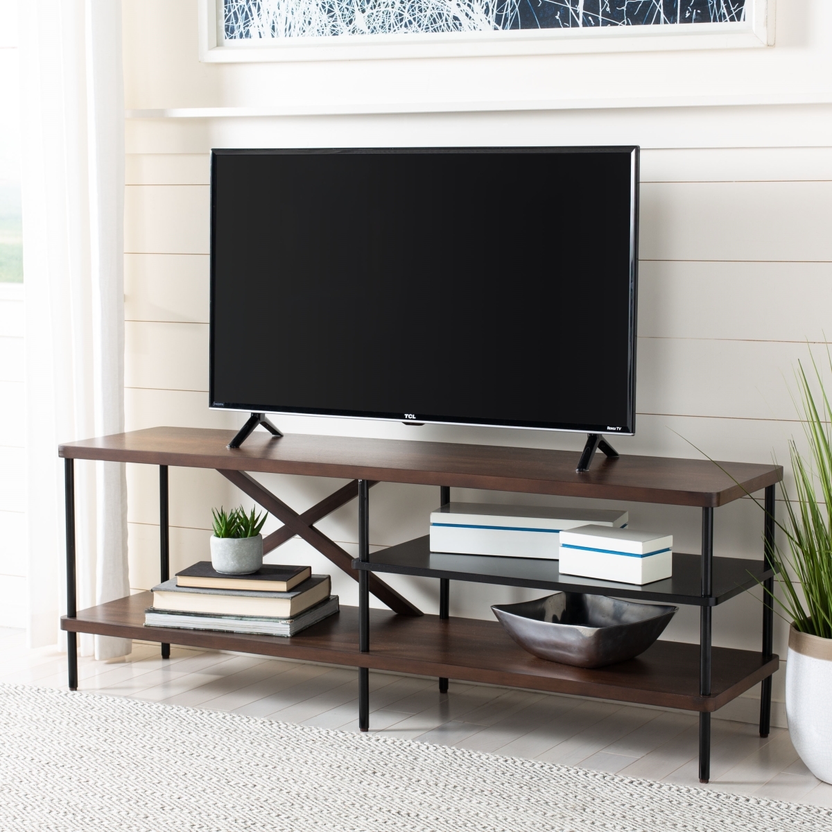 Bruno Industrial Media Stand - Walnut / Black - Safavieh - Image 1