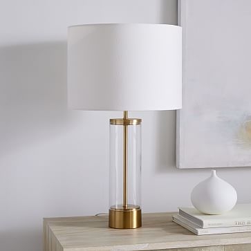 Acrylic Column Table Lamp Antique Brass White Linen (25") - Image 1