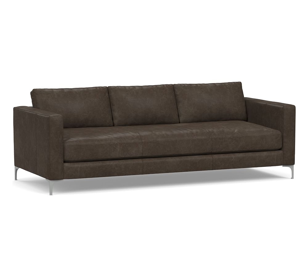Jake Leather Grand Sofa 95.5" with Brushed Nickel Legs, Down Blend Wrapped Cushions, Statesville Wolf Gray - Image 0