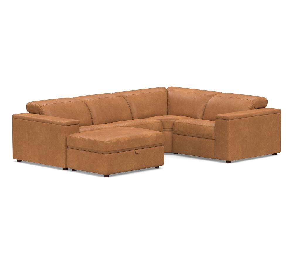 Ultra Lounge Square Arm Leather 5-Piece Reclining Sectional, Down Blend Wrapped Cushions, Churchfield Camel - Image 0