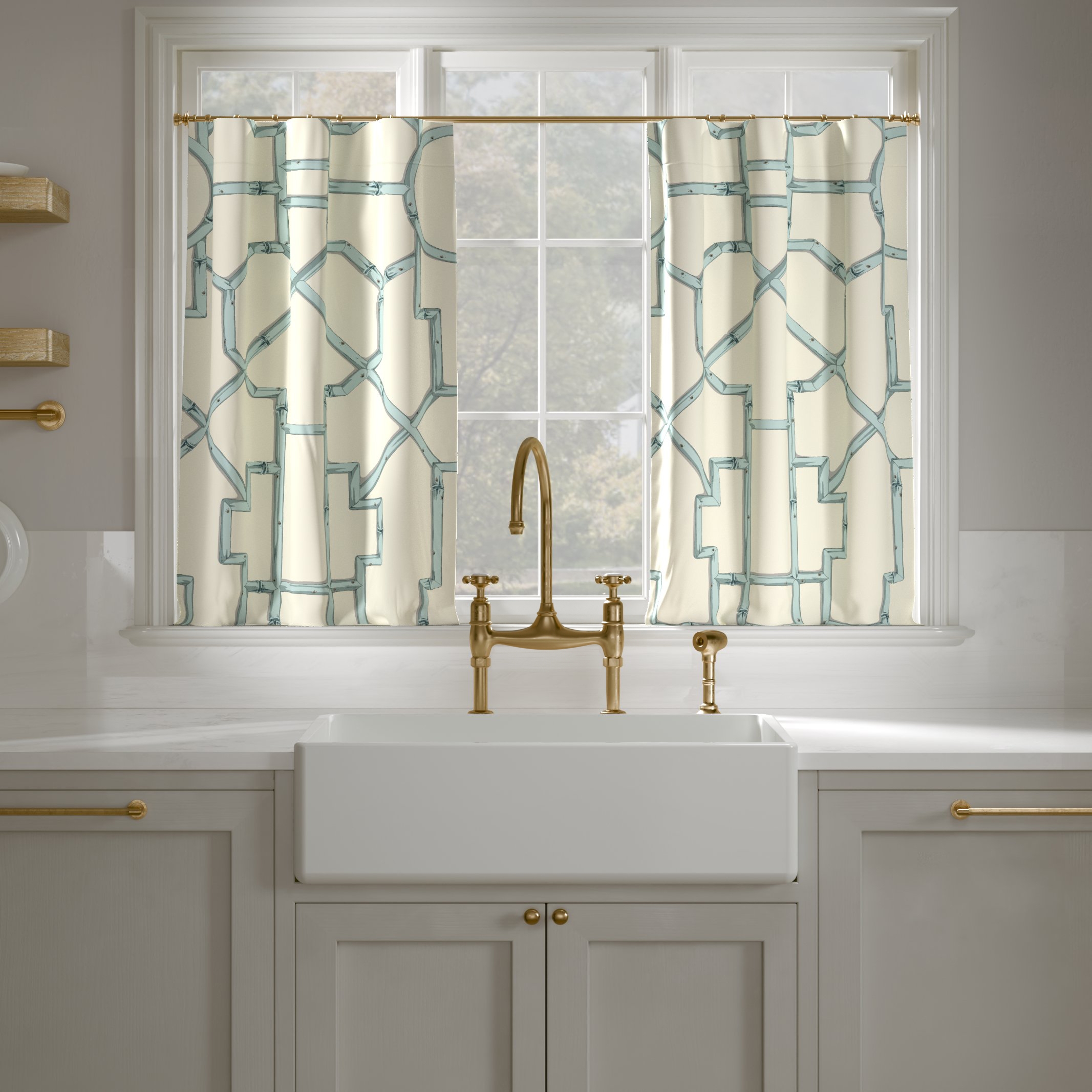 Printed Linen Café Curtain, Blue Baldwin Bamboo, 25" x 24", Privacy - Image 0