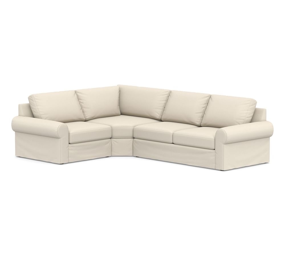 Big Sur Roll Arm Slipcovered Right Arm 3-Piece Wedge Sectional, Down Blend Wrapped Cushions, Performance Brushed Basketweave Ivory - Image 0