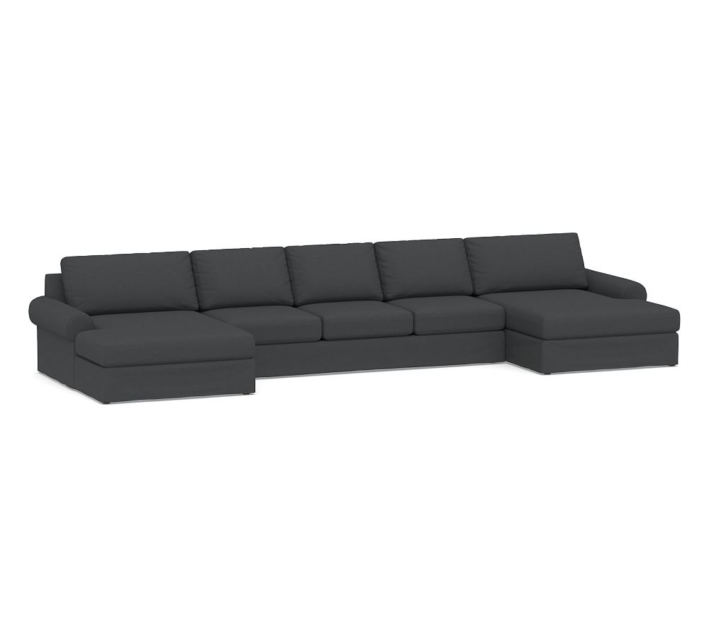 Big Sur Roll Arm Slipcovered U-Double Chaise Grand Sofa Sectional, Down Blend Wrapped Cushions, Premium Performance Basketweave Charcoal - Image 0