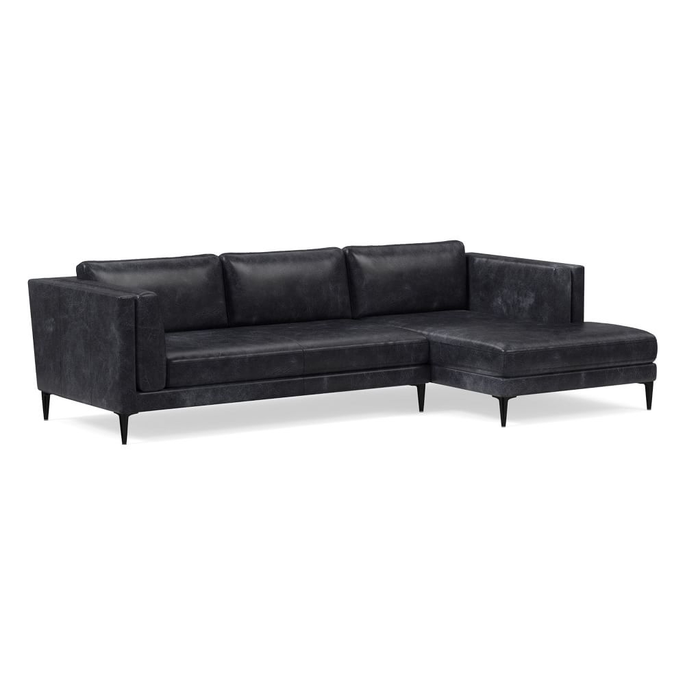 Anton 105" Right 2-Piece Chaise Sectional, Sierra Leather, Licorice, Polished Dark Pewter - Image 0