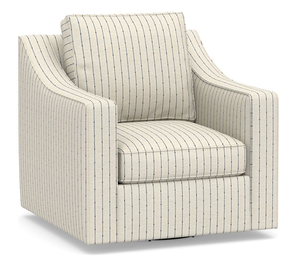 Cameron Slope Arm Upholstered Swivel Armchair, Polyester Wrapped Cushions, Slubby Pinstripe Blue - Image 0