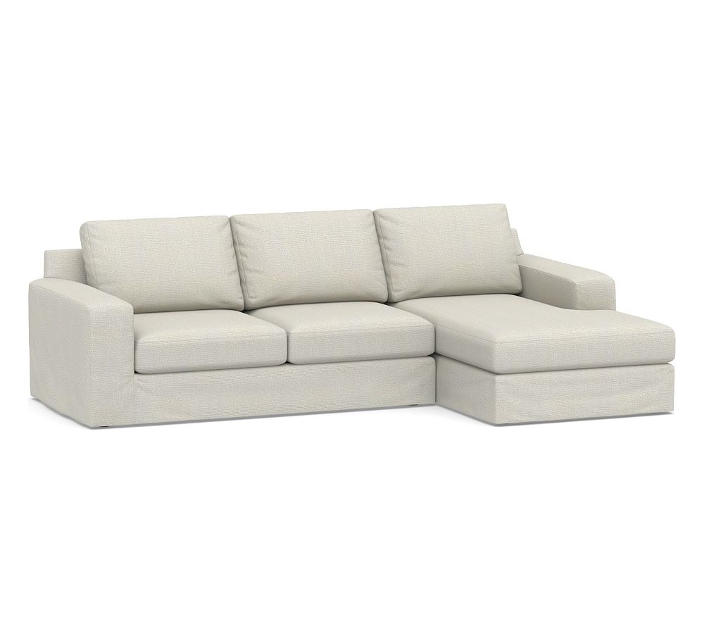 Big Sur Square Arm Slipcovered Left Arm Loveseat with Chaise Sectional, Down Blend Wrapped Cushions, Performance Heathered Basketweave Dove - Image 0