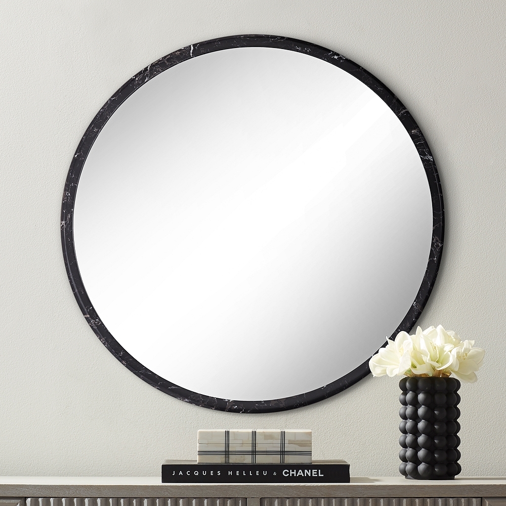 Possini Euro Harriet 34" Wide Black Faux Marble Round Wall Mirror - Image 0