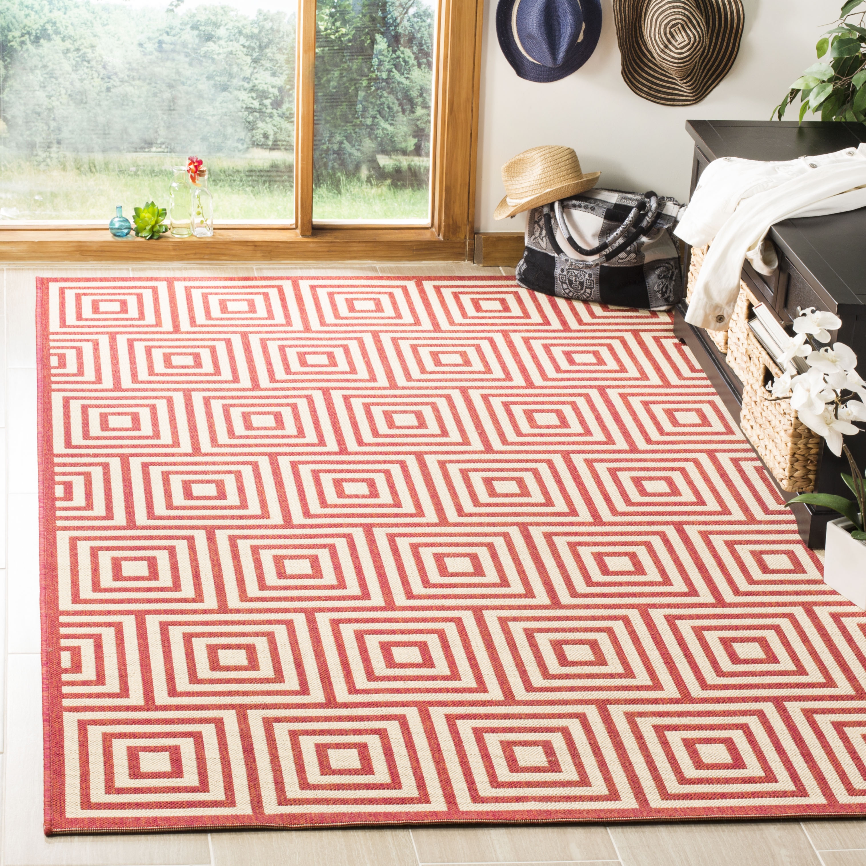Arlo Home Indoor/Outdoor Woven Area Rug, LND173Q, Red/Cream,  5' 1" X 7' 6" - Image 1