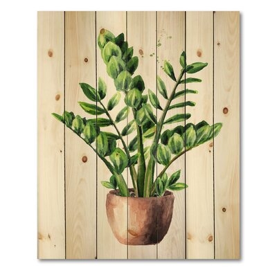 Zamioculcas Tropical Plant With Green Leaves - Traditional Print On Natural Pine Wood - Image 0