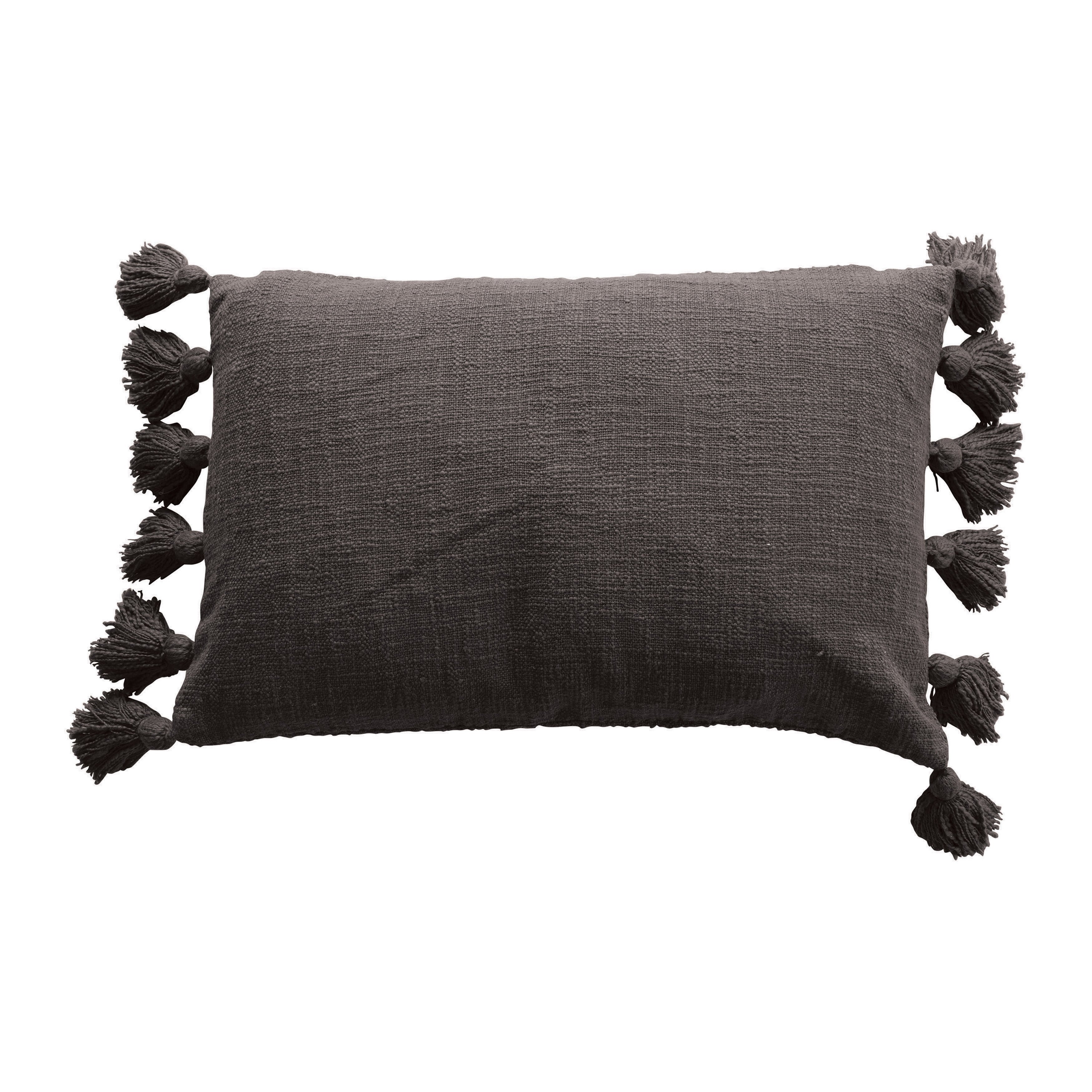 Cotton Slub Lumbar Pillow with Tassels, Iron Color - Image 0