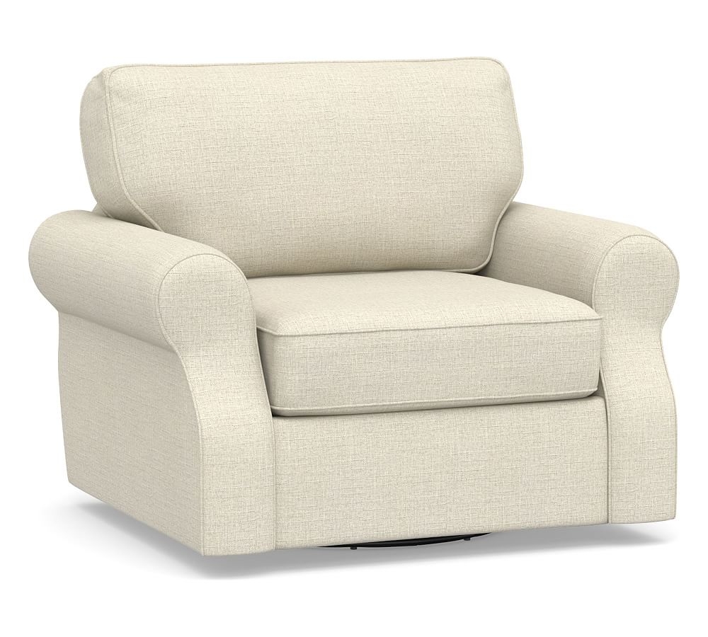 SoMa Fremont Roll Arm Upholstered Swivel Armchair, Polyester Wrapped Cushions, Basketweave Slub Oatmeal - Image 0