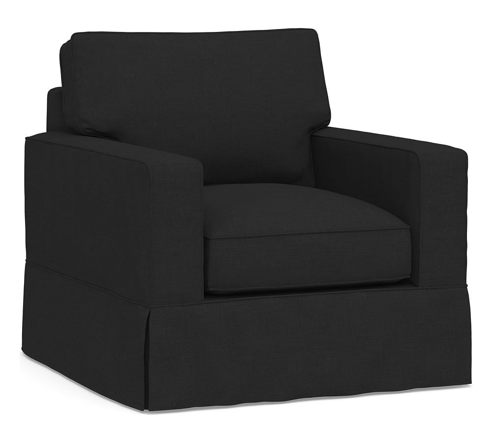 PB Comfort Square Arm Slipcovered Armchair 36", Box Edge Down Blend Wrapped Cushions, Textured Basketweave Black - Image 0
