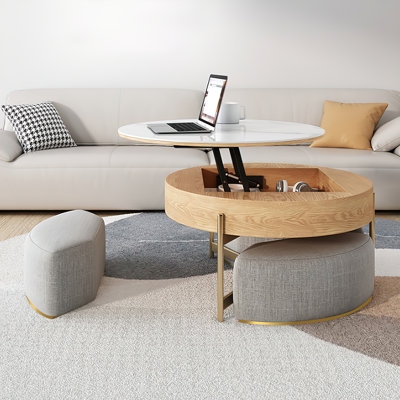 Round Lift-Top White & Walnut Coffee Table With 3 Stools - Image 0