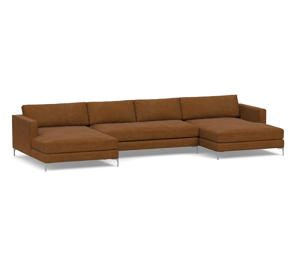 Jake Leather U-Double Chaise Loveseat Sectional with Brushed NIckel Legs, Down Blend Wrapped Cushions, Nubuck Caramel - Image 0