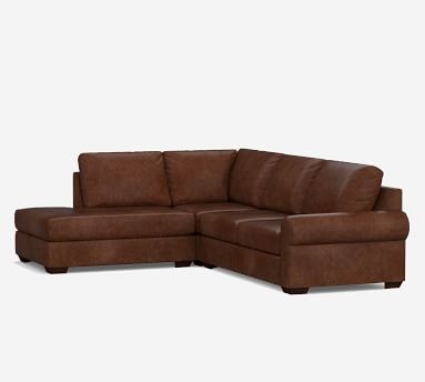 Big Sur Roll Arm Leather Left 3-Piece Bumper Sectional, Down Blend Wrapped Cushions, Churchfield Chocolate - Image 1