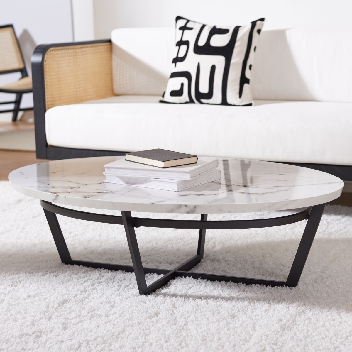 Placido Oval Coffee Table - White Marble / Black - Safavieh - Image 1